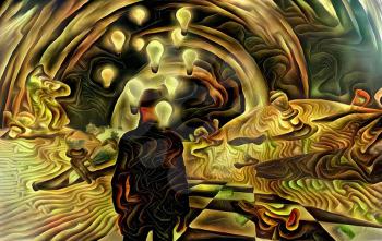 Abstract painting. Man in surreal desert with chess pieces
