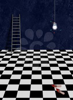 Modern surreal composition. Red shoes on chess floor