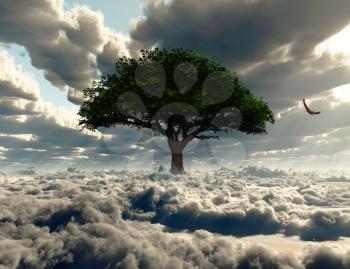 Green tree on a field of clouds. Eagle in the sky.