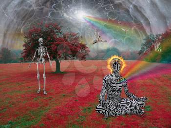 Skeleton and enlightened man in surreal landscape. Angels fly in the sky