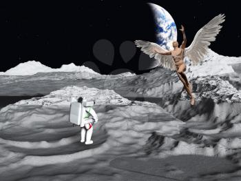 Surrealism. Lunar astronaut views earthrise and angel with white wings.