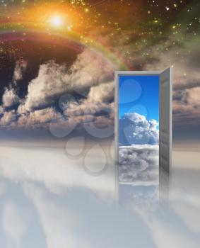 Sky fields of clouds. Opened door to another world.