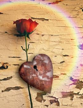 Surrealism. Red rose and rusted heart with keyhole. Rainbow.