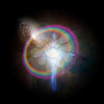 Surreal digital art. Shining energy in shape of cross in universe. Galaxy and rainbow