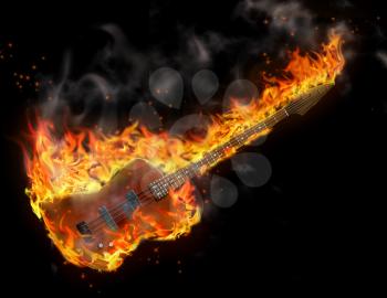 Black background and bass guitar in flames
