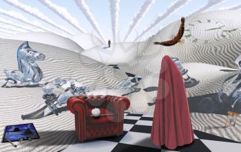 Surreal desert with chess figures. Figure in red hijab. Armchair with white apple. Painting with brush and dyes. Eagle in the sky.