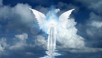 Figure in white cloak stands on water surface. Winged star in cloudy sky. 3D rendering