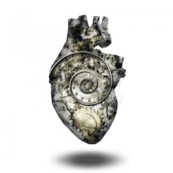 Human heart gears and time spiral. heart,gears,human,life,time,spiral,cogwheel,cyborg,droid,machine