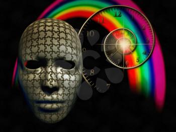 Surreal painting. Mask with puzzle pattern. Spiral of time and rainbow on a background.