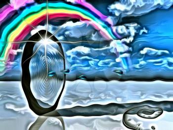 Surrealism. Water drops comes through sky portal. Spiral of time and rainbow in the cloudy sky.