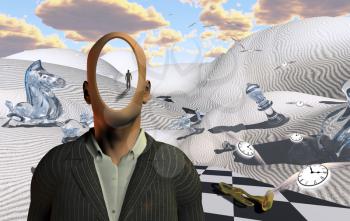 Surreal desert with chess figures and trumpet. Faceless man in suit. Winged clocks symbolize flow of time