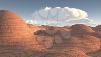 Man stands in rock desert. Beautiful clouds in the sky