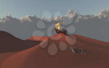 Old sailing ship atop red desert sand dune