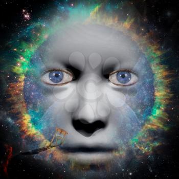 Glance through eternity. Woman face in space