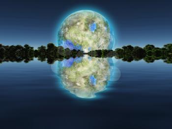 Surreal digital art. New Home. Green trees in the water. Giant terraformed moon in the sky