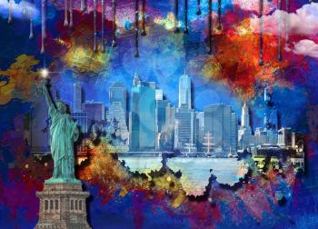 Liberty Statue and New York Skyline on Modern Art Background