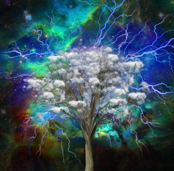 Cloud tree with bright lightnings