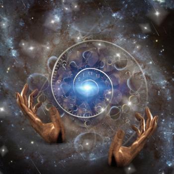 Manipulation of time. Human hands in space