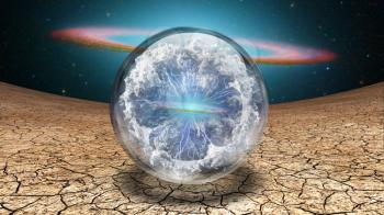 Surrealism. Splash of clouds and lightnings inside crystal ball. Galaxy disk on a background