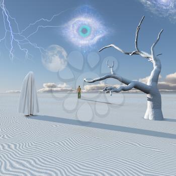 Figure in white hijab stands in surreal white desert. Lonely man in a distance.