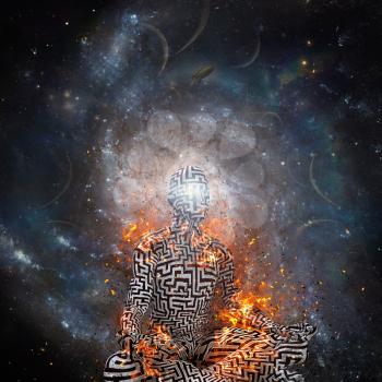 Space meditation. Burning man in lotus pose meditate in deep space