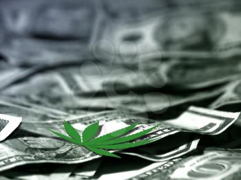 Marijuana leaf on US dollars. 3D rendering