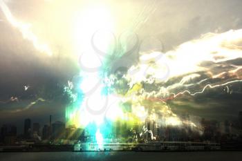 Light burst over city. 3D rendering