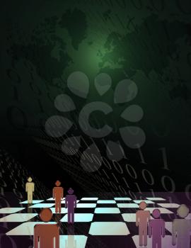 Digital space. Symbolic human figures on a chess board. Binary code. 3D rendering