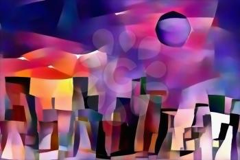 City silhouettes abstract painting, night vivid colors inspiration. 3D rendering