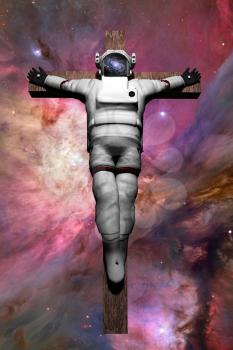 Crucified astronaut in deep space. 3D rendering