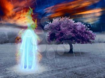 Burning hooded figure in surreal landscape. Pink tree and rain. 3D rendering