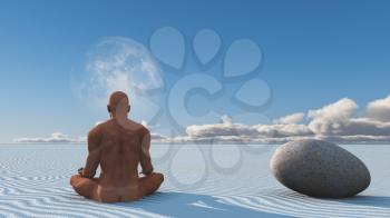 Man Meditates on white sands. 3D rendering