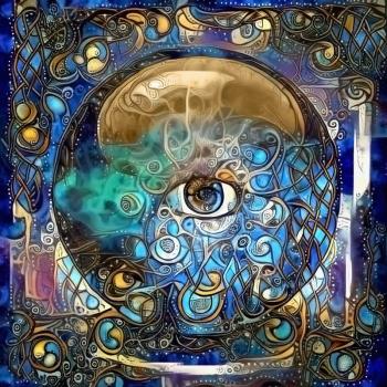 Crystal ball with all seeing eye. Abstract painting. 3D rendering