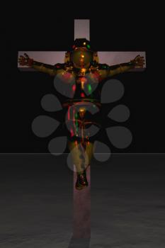 Isolated crucified astronaut in golden suit. 3D rendering.