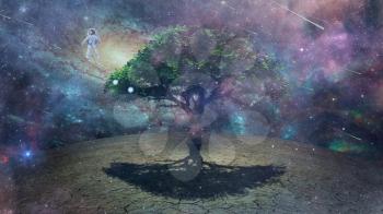 Astronaut hovers above strange planet. Tree in desolate landscape. Sci-fi art. 3D rendering
