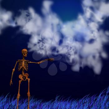 Skeleton in surreal scene. 3D rendering