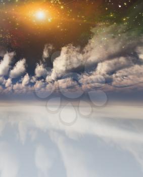 Field of clouds. Shining star in the sky. 3D rendering