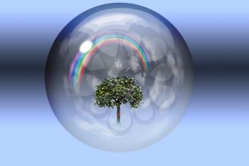 Rainbow and green tree inside crystal ball. 3D rendering