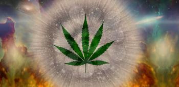 Marijuana leaf in vivid space background. 3d rendering.