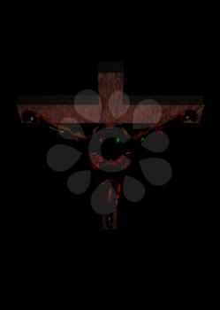 Crucified astronaut isolated on black. 3D rendering.