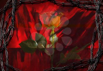 Red rose and barbed wire frame. 3D rendering.