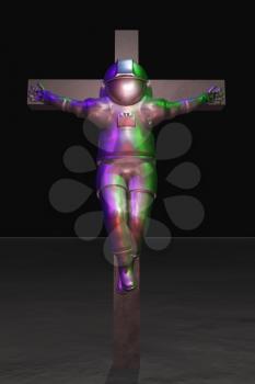 Isolated crucified astronaut in silver suit. 3D rendering.