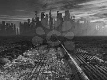 Weathered road leads into abandoned city. Black and white image. 3D rendering
