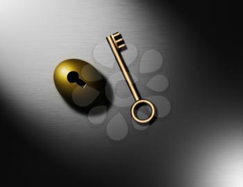 Key to prosperity. Golden nestegg with keyhole. 3D rendering.