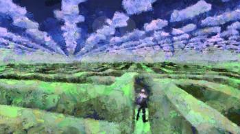 Surreal painting. Man stands in maze. Clouds in shape of arrows in the sky. 3D rendering