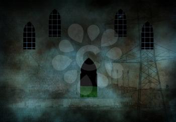 Surreal composition with ancient door and windows. 3D rendering.