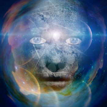 Scary human face with universe background. 3D rendering