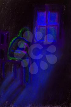 Sorrow man sits before window in dark room. Abstract digital painting. 3D rendering