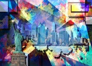 Abstract colorful composition. New York cityscape and Liberty statue. 3D rendering