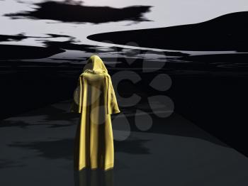 Cloaked Man before the darkness. 3D rendering